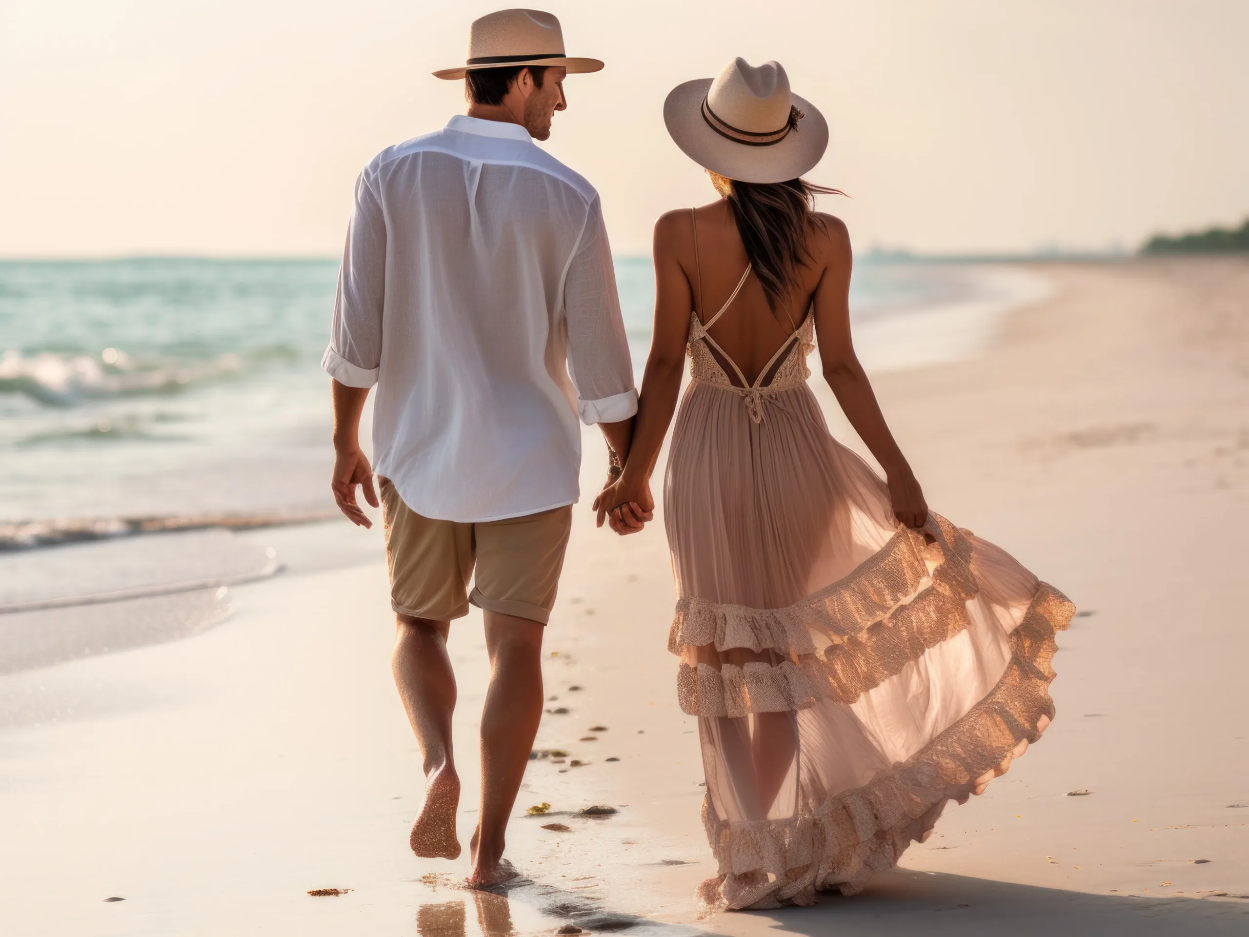 Couple holding hands, walking on the beach